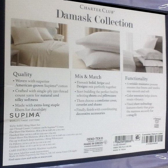 new AMETHYST Charter Club 550 TC 100% Supima Cotton KING Sheet Set fits 18" Deep - Picture 9 of 9